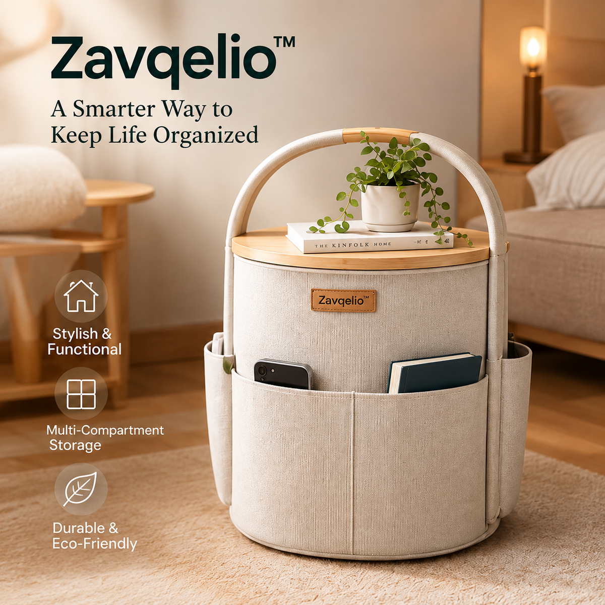 Zavqelio™ HaloNest Storage Side Table Multi-Pocket Organizer & Modern Side Table for Bedroom and Living Room