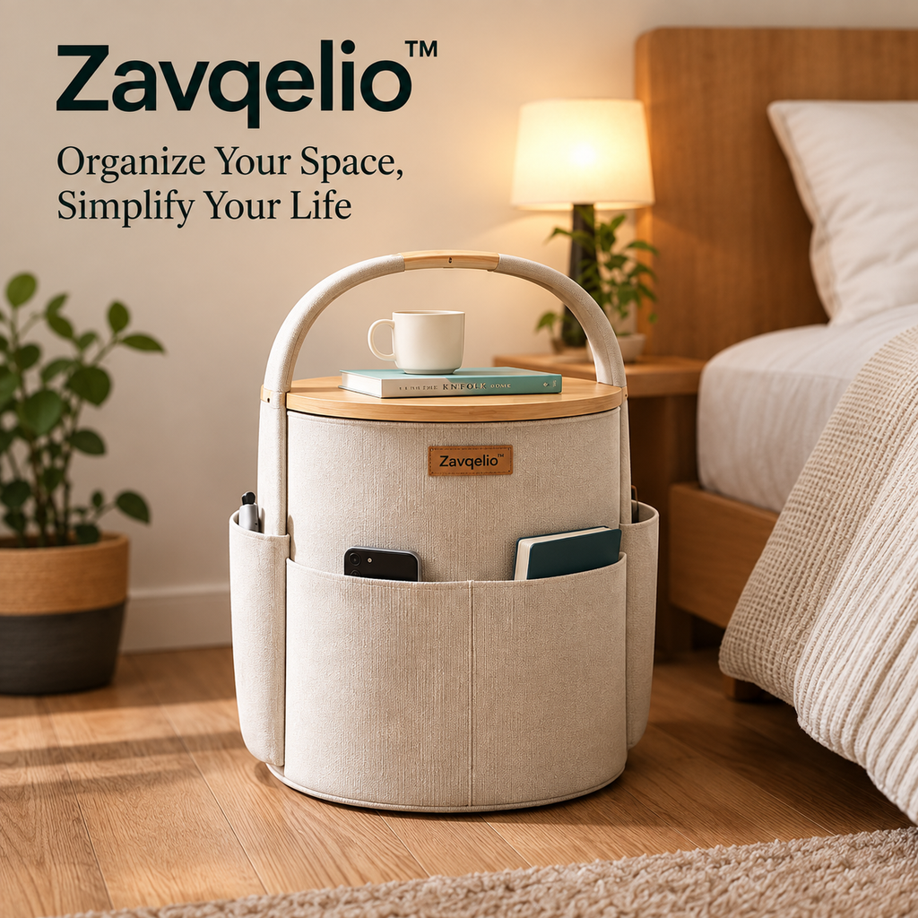 Zavqelio™ HaloNest Storage Side Table Multi-Pocket Organizer & Modern Side Table for Bedroom and Living Room