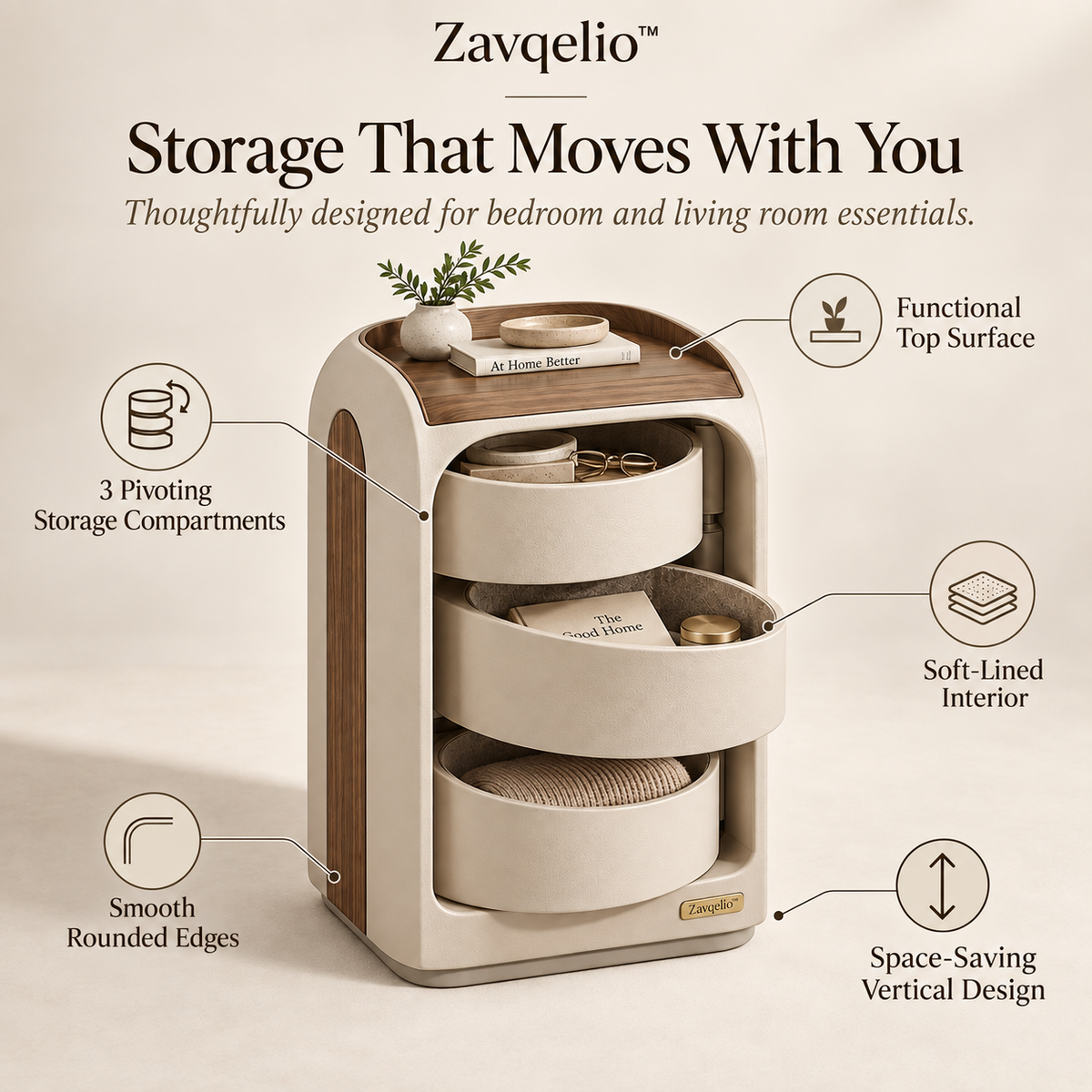 Zavqelio™ NestArc Pivot Organizer  Modern 3-Tier Pivot Storage Side Cabinet for Bedroom & Living Room