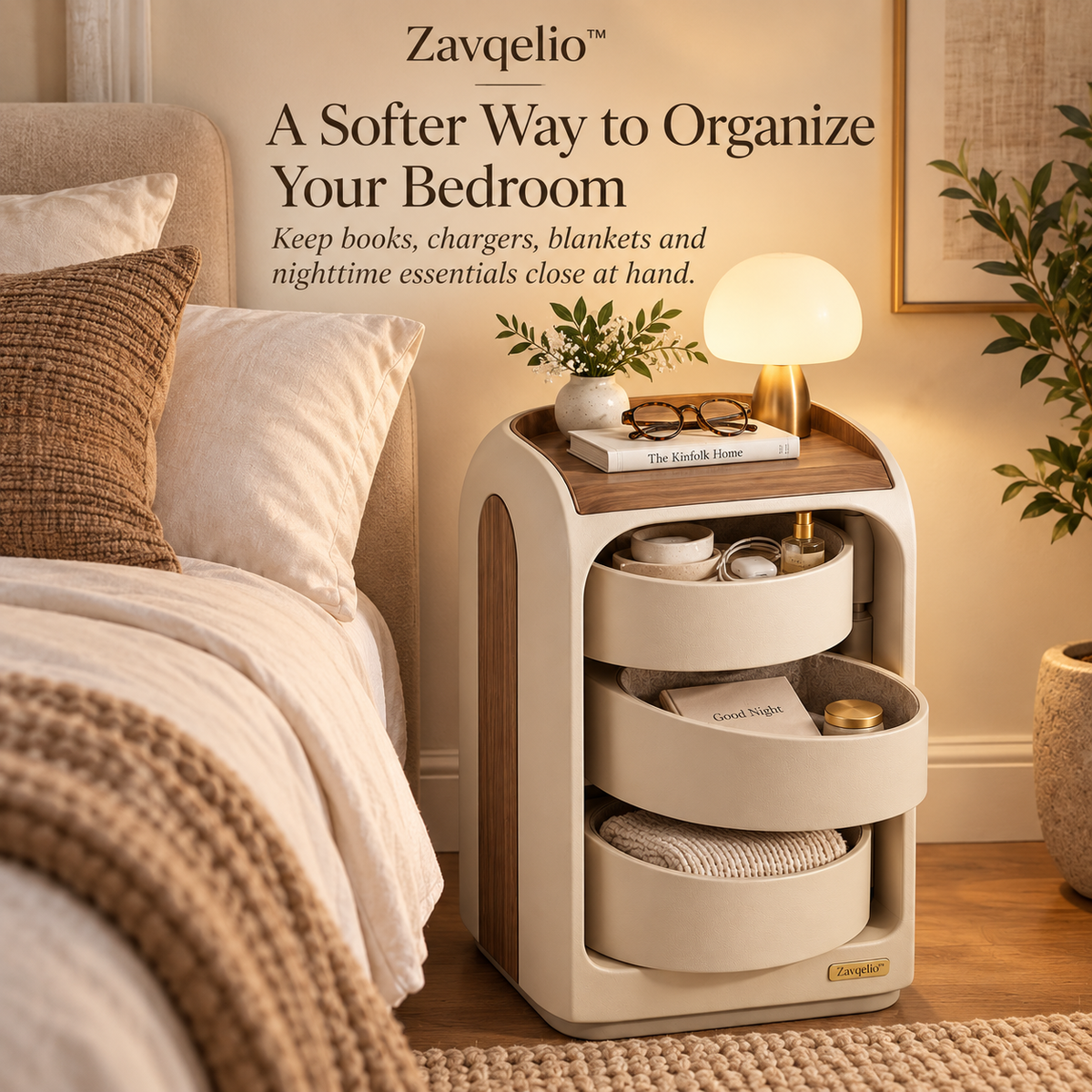 Zavqelio™ NestArc Pivot Organizer  Modern 3-Tier Pivot Storage Side Cabinet for Bedroom & Living Room