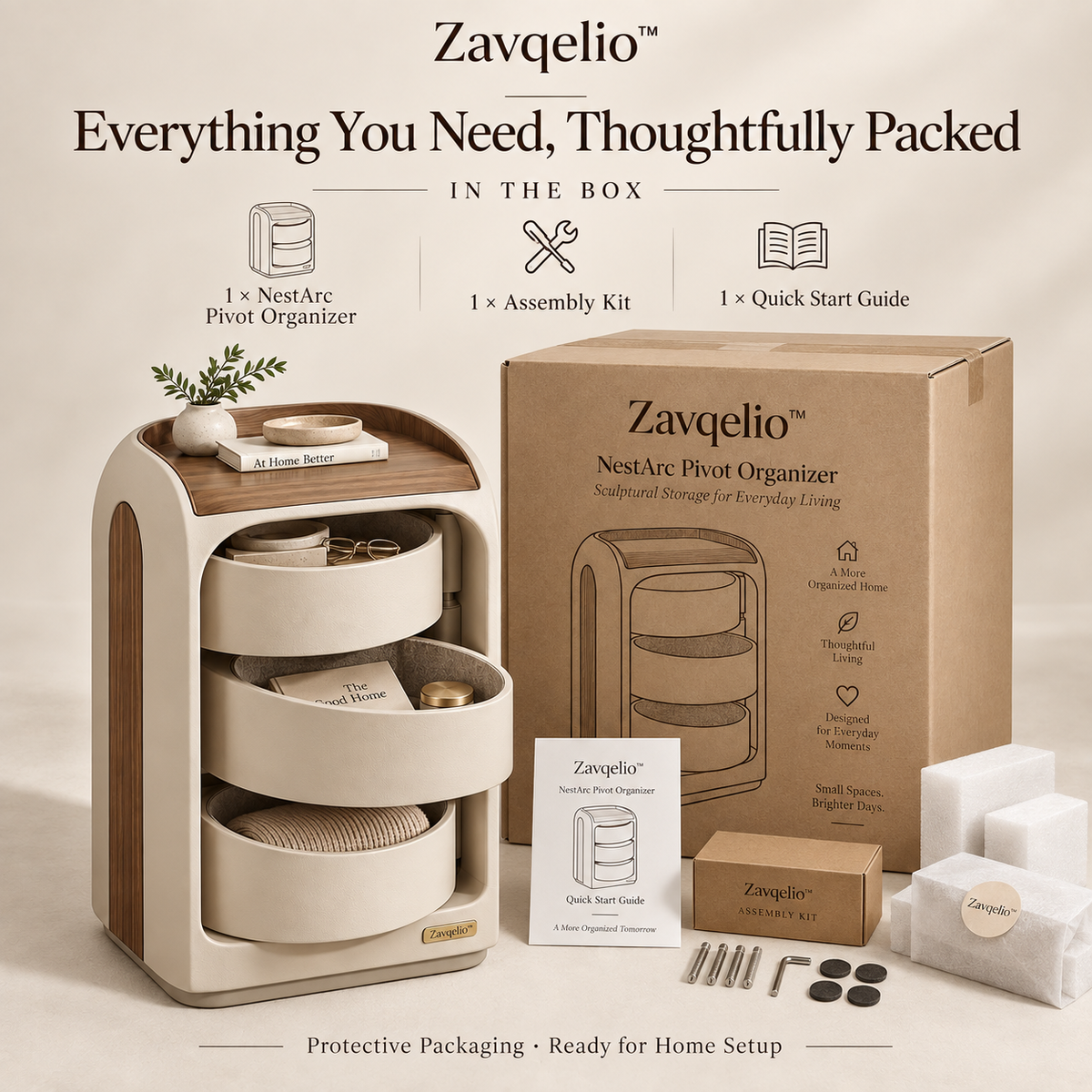 Zavqelio™ NestArc Pivot Organizer  Modern 3-Tier Pivot Storage Side Cabinet for Bedroom & Living Room
