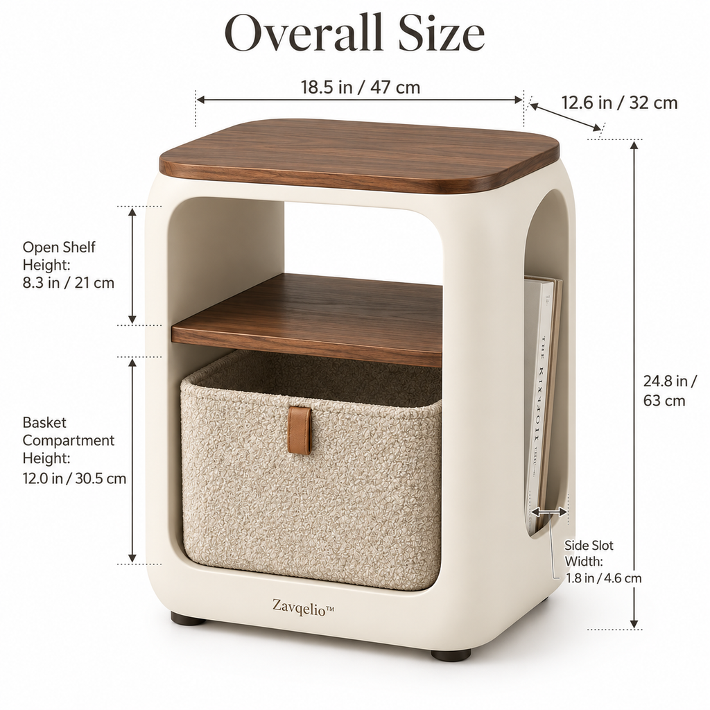 Zavqelio™ ArcoNest Storage Side Table  Modern Side Table with Removable Bouclé Basket, Open Shelf & Magazine Storage