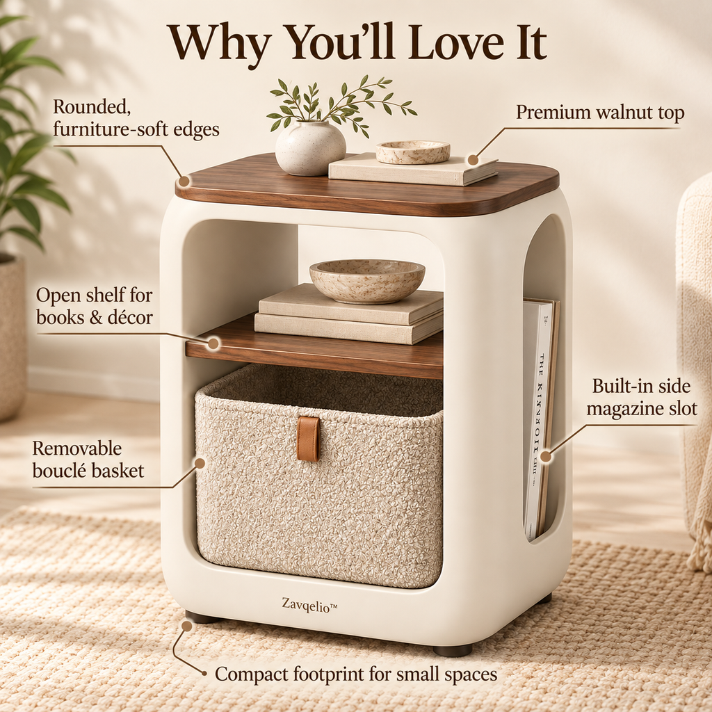 Zavqelio™ ArcoNest Storage Side Table  Modern Side Table with Removable Bouclé Basket, Open Shelf & Magazine Storage