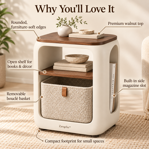 Zavqelio™ ArcoNest Storage Side Table  Modern Side Table with Removable Bouclé Basket, Open Shelf & Magazine Storage