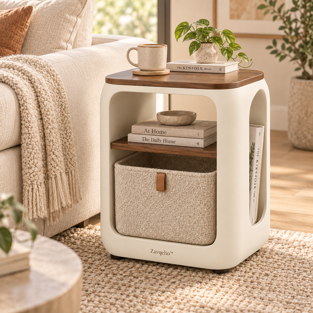 Zavqelio™ ArcoNest Storage Side Table  Modern Side Table with Removable Bouclé Basket, Open Shelf & Magazine Storage