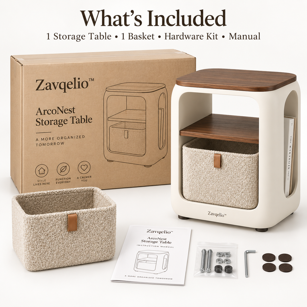 Zavqelio™ ArcoNest Storage Side Table  Modern Side Table with Removable Bouclé Basket, Open Shelf & Magazine Storage