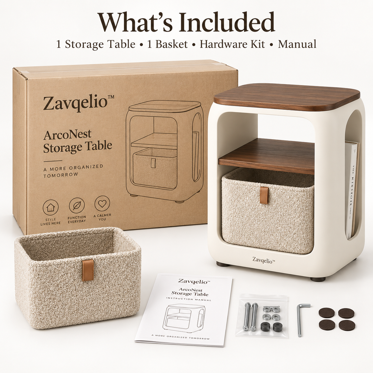 Zavqelio™ ArcoNest Storage Side Table  Modern Side Table with Removable Bouclé Basket, Open Shelf & Magazine Storage