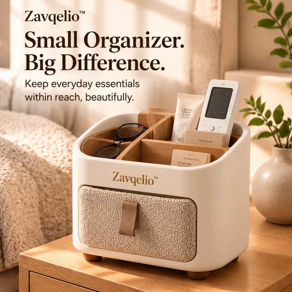 Zavqelio™ HavenNest Small Organizer  Compact Divided Bedside & Desktop Organizer with Soft Fabric Pocket