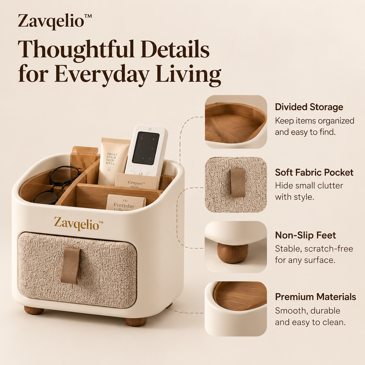 Zavqelio™ HavenNest Small Organizer  Compact Divided Bedside & Desktop Organizer with Soft Fabric Pocket