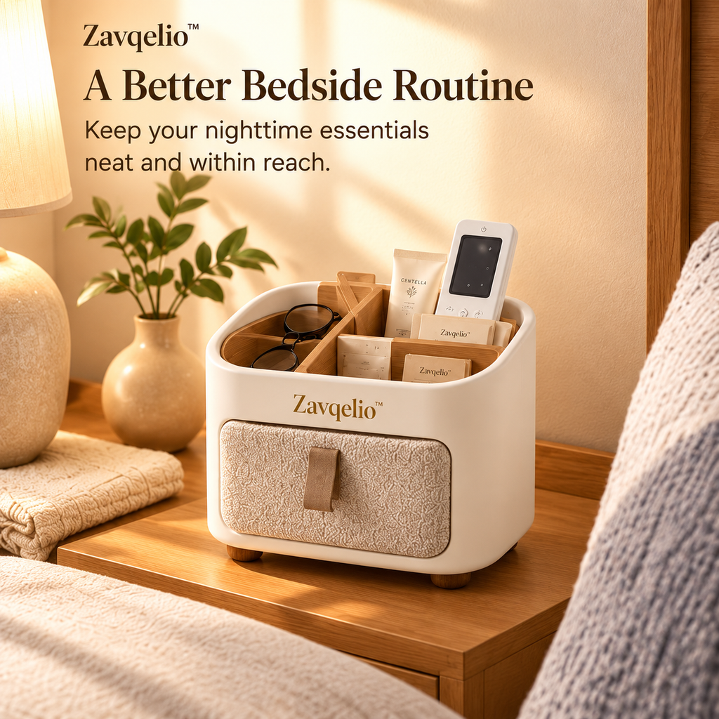 Zavqelio™ HavenNest Small Organizer  Compact Divided Bedside & Desktop Organizer with Soft Fabric Pocket