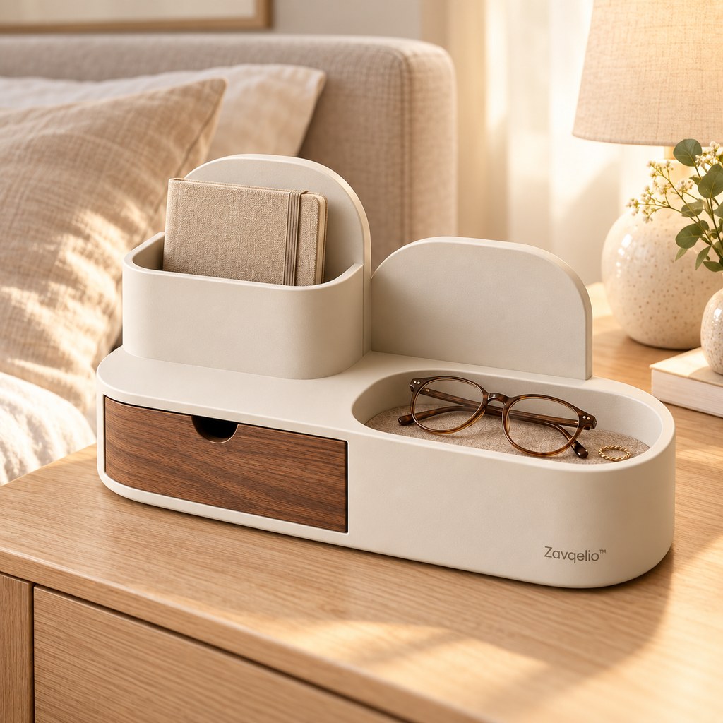 Zavqelio™ CoveNest Desktop Organizer with Drawer  Modern Tabletop Storage for Nightstands, Dressers & Living Room Side Tables