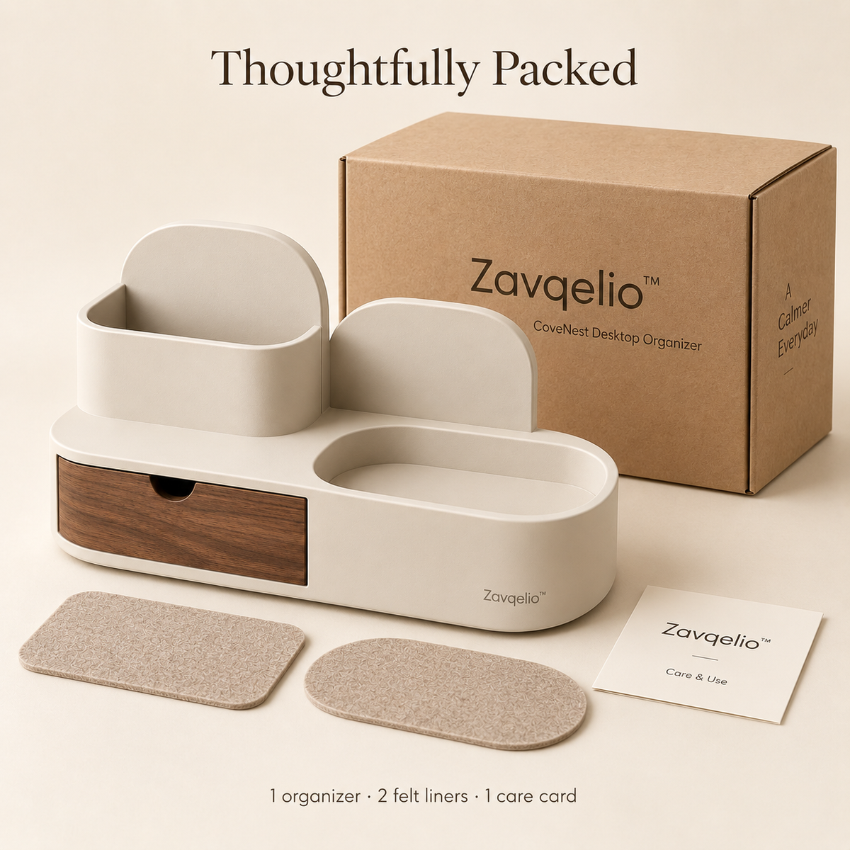 Zavqelio™ CoveNest Desktop Organizer with Drawer  Modern Tabletop Storage for Nightstands, Dressers & Living Room Side Tables