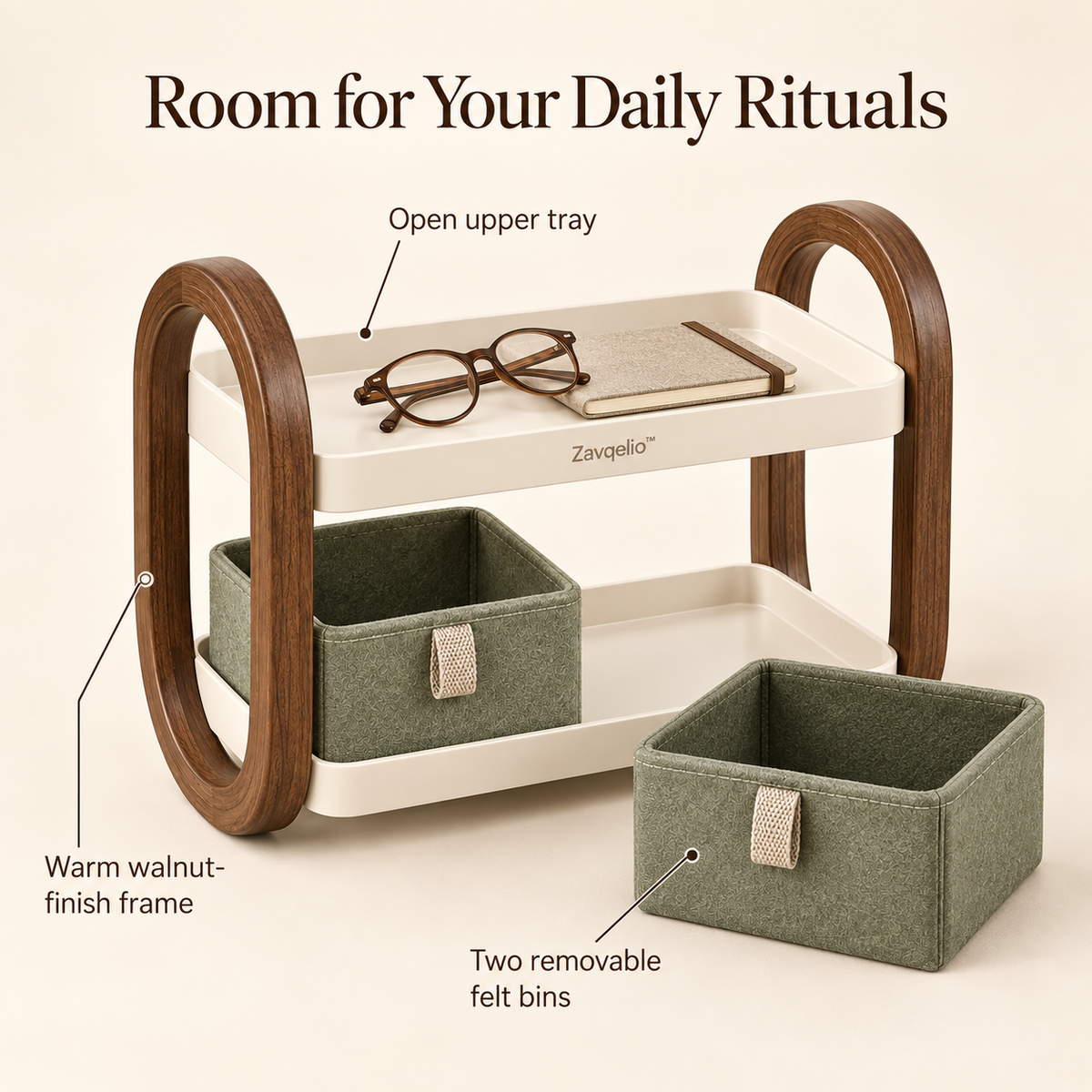Zavqelio™ NestArc Two-Tier Desktop Organizer with Felt Bins