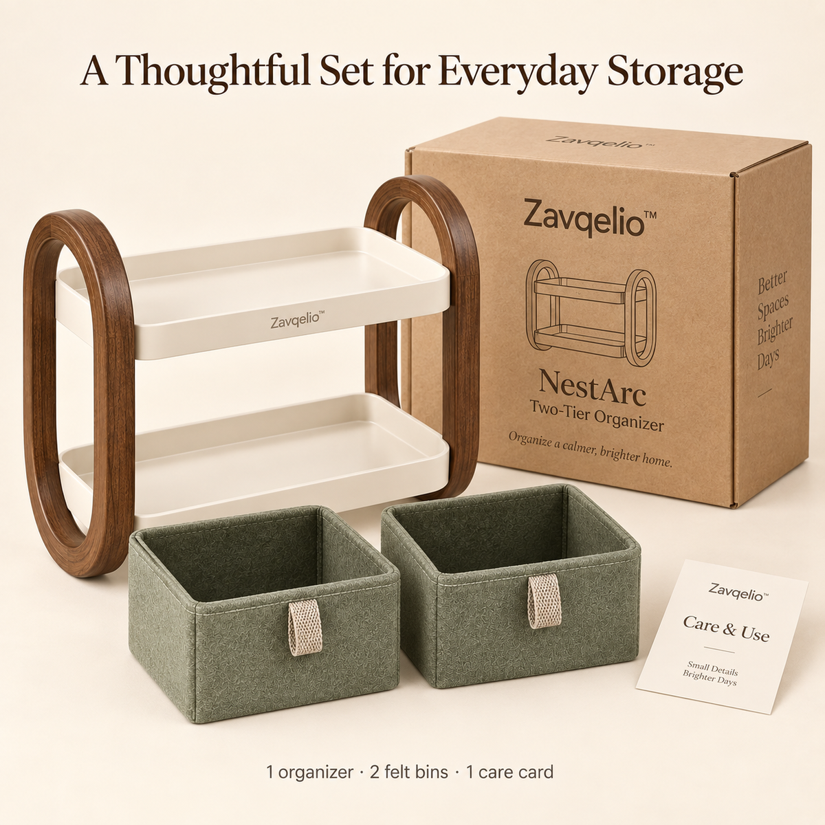 Zavqelio™ NestArc Two-Tier Desktop Organizer with Felt Bins