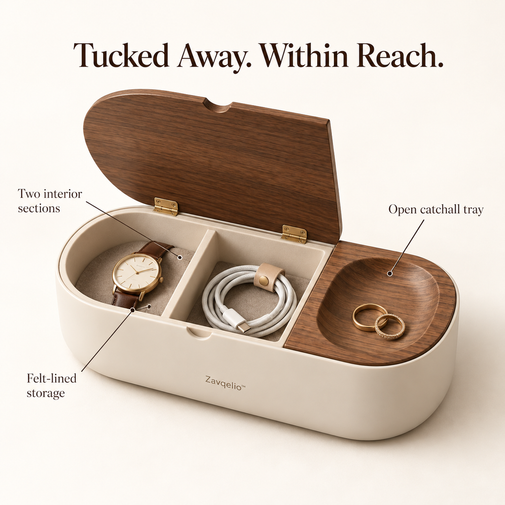 Zavqelio™ PebbleFold Desktop Storage Box with Hinged Lid & Catchall Tray