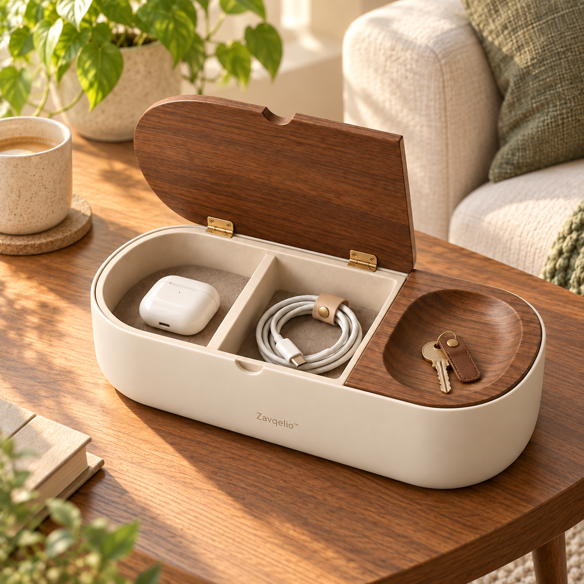 Zavqelio™ PebbleFold Desktop Storage Box with Hinged Lid & Catchall Tray