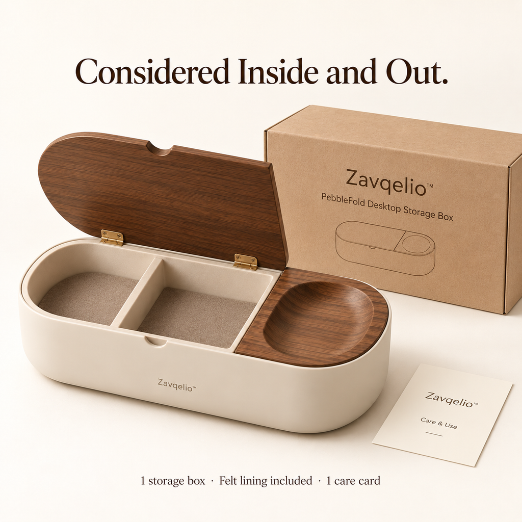 Zavqelio™ PebbleFold Desktop Storage Box with Hinged Lid & Catchall Tray