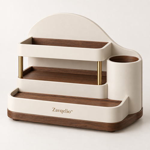 Zavqelio™ ArcNest Tiered Desktop Organizer  Sculptural 3-Tier Walnut & Cream Home Organizer