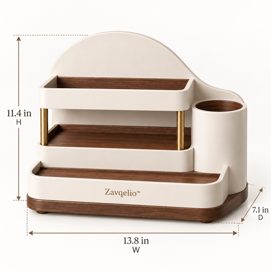 Zavqelio™ ArcNest Tiered Desktop Organizer  Sculptural 3-Tier Walnut & Cream Home Organizer