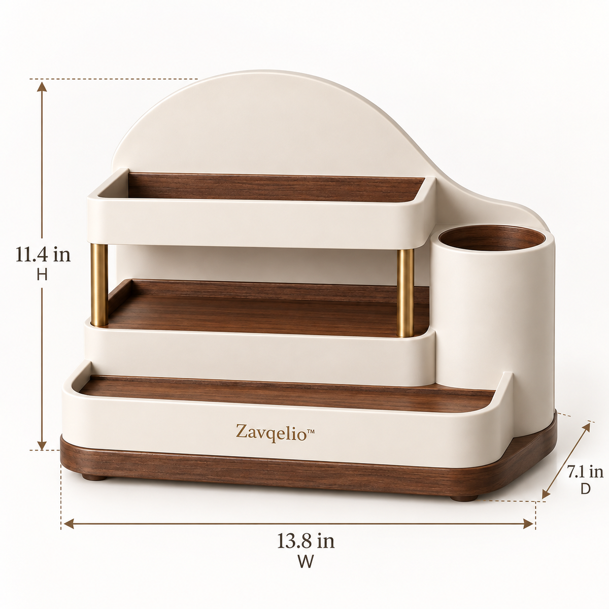 Zavqelio™ ArcNest Tiered Desktop Organizer  Sculptural 3-Tier Walnut & Cream Home Organizer