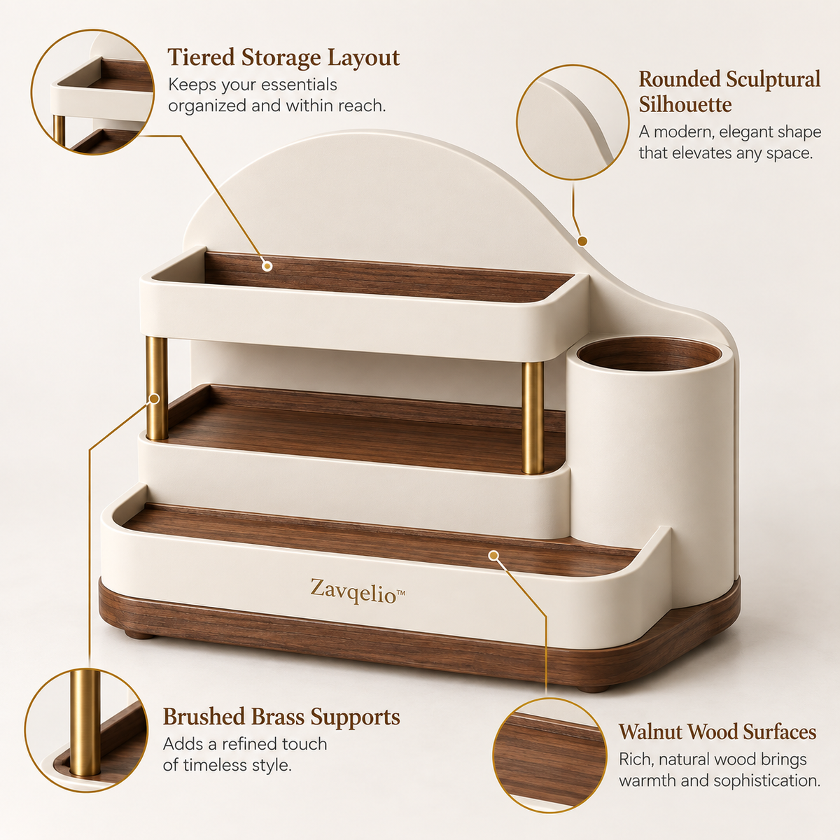 Zavqelio™ ArcNest Tiered Desktop Organizer  Sculptural 3-Tier Walnut & Cream Home Organizer