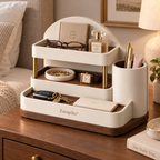 Zavqelio™ ArcNest Tiered Desktop Organizer  Sculptural 3-Tier Walnut & Cream Home Organizer