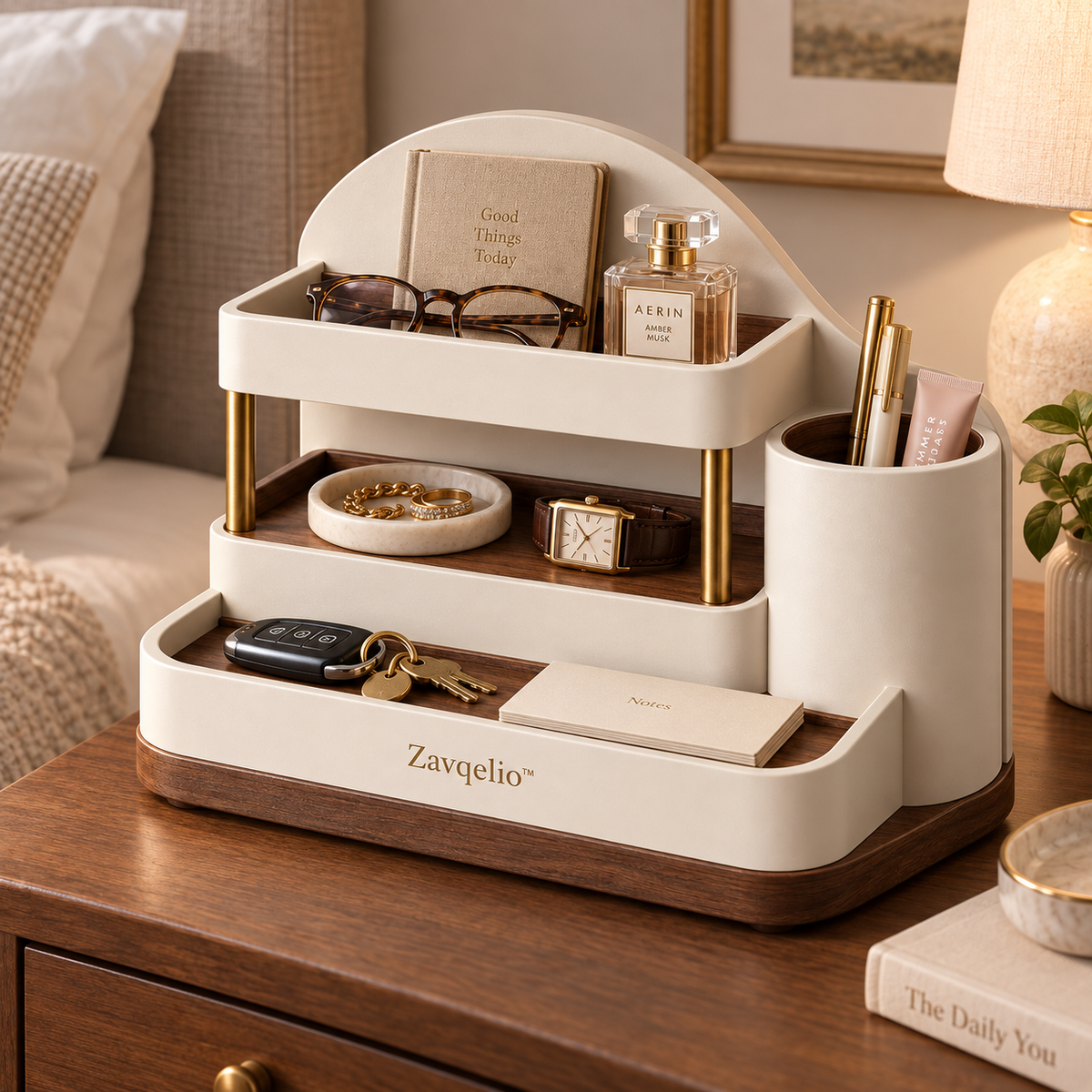 Zavqelio™ ArcNest Tiered Desktop Organizer  Sculptural 3-Tier Walnut & Cream Home Organizer