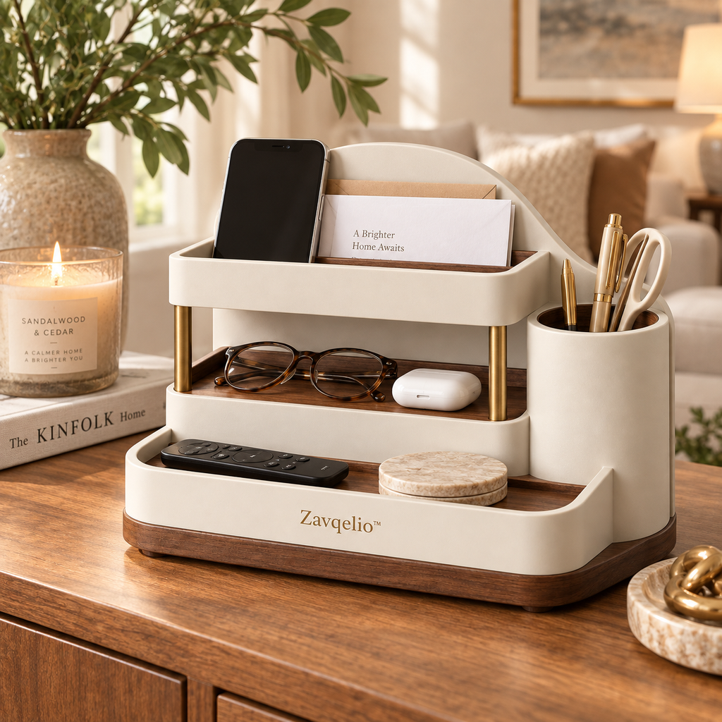 Zavqelio™ ArcNest Tiered Desktop Organizer  Sculptural 3-Tier Walnut & Cream Home Organizer