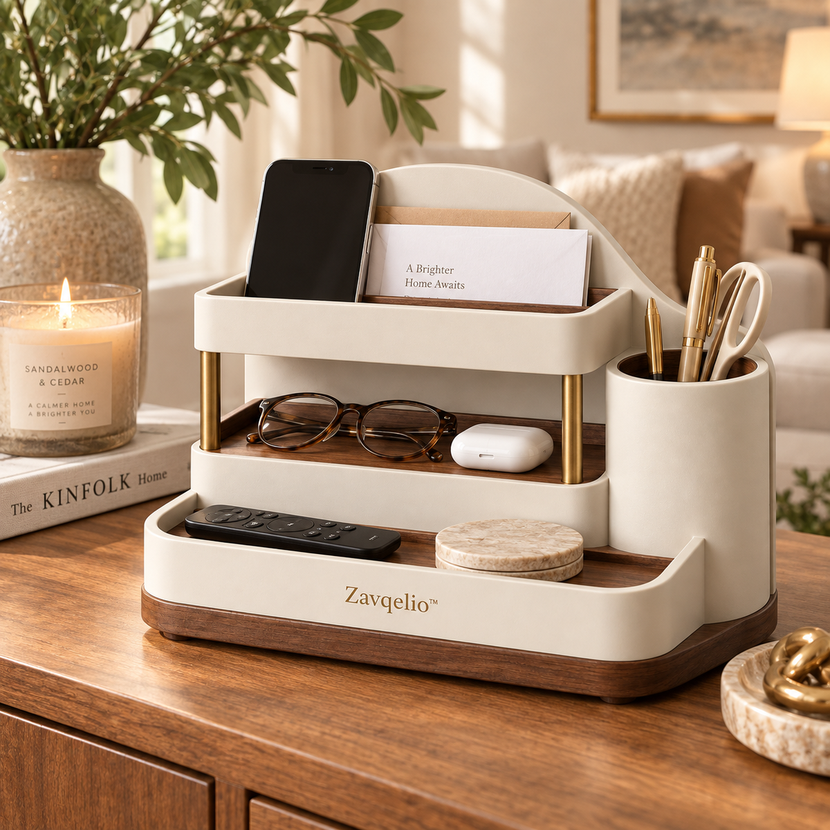 Zavqelio™ ArcNest Tiered Desktop Organizer  Sculptural 3-Tier Walnut & Cream Home Organizer