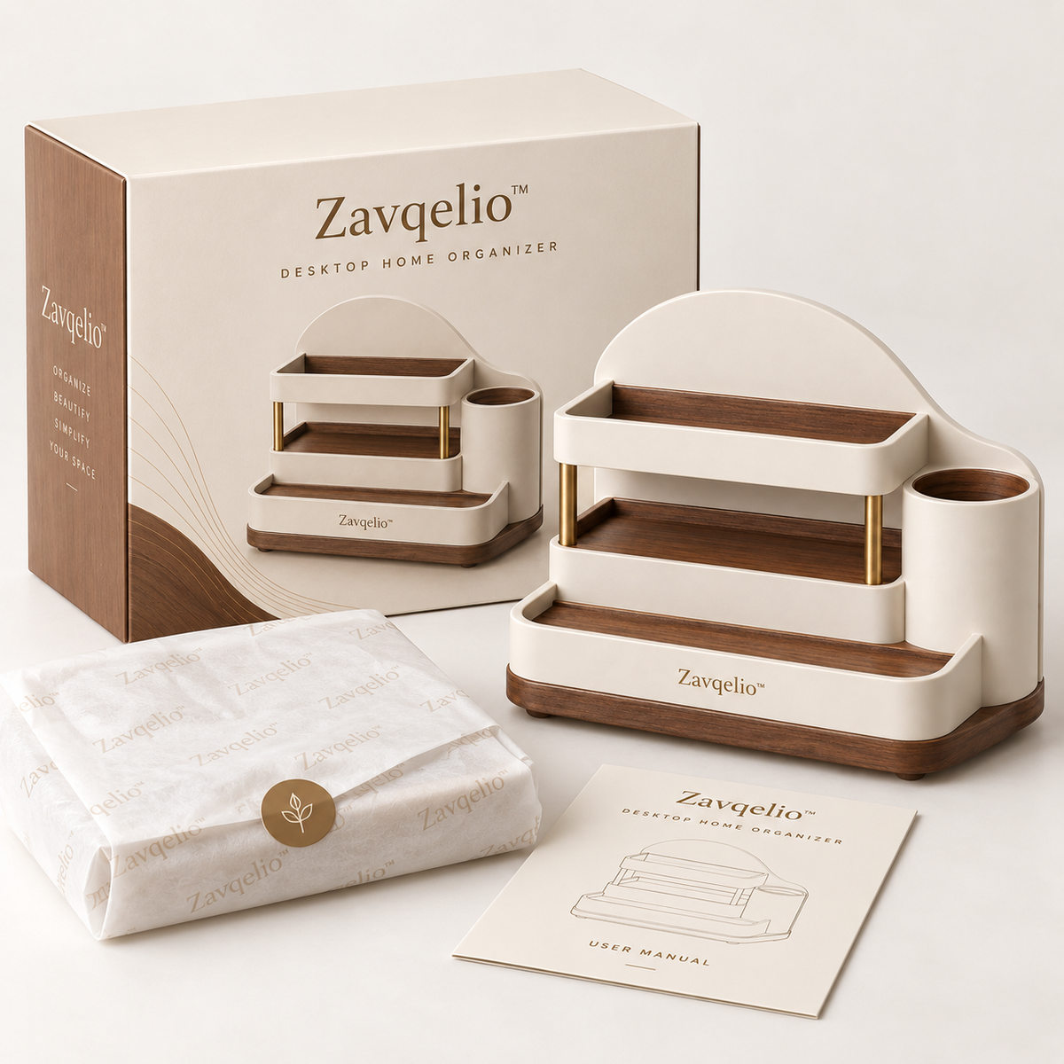 Zavqelio™ ArcNest Tiered Desktop Organizer  Sculptural 3-Tier Walnut & Cream Home Organizer