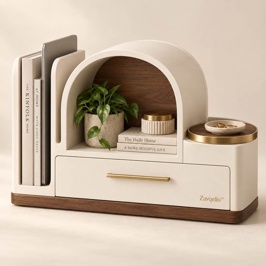 Zavqelio™ Arched Haven Desktop Organizer  Modern Multi-Zone Desktop Storage with Drawer, File Slot & Catchall Tray