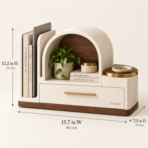 Zavqelio™ Arched Haven Desktop Organizer  Modern Multi-Zone Desktop Storage with Drawer, File Slot & Catchall Tray