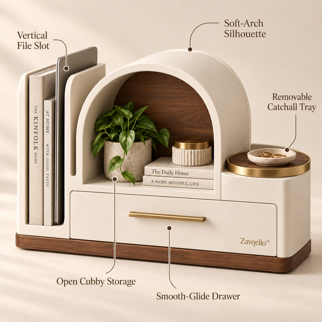Zavqelio™ Arched Haven Desktop Organizer  Modern Multi-Zone Desktop Storage with Drawer, File Slot & Catchall Tray