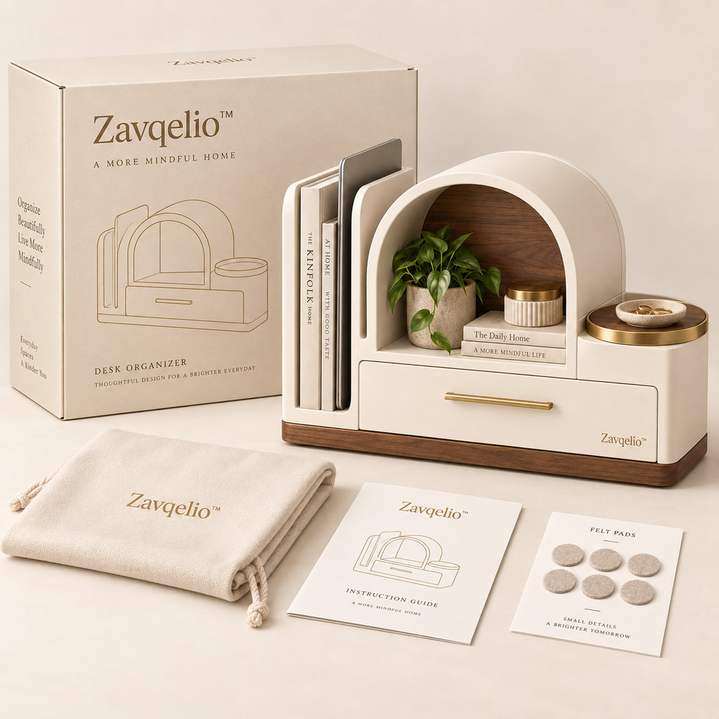 Zavqelio™ Arched Haven Desktop Organizer  Modern Multi-Zone Desktop Storage with Drawer, File Slot & Catchall Tray