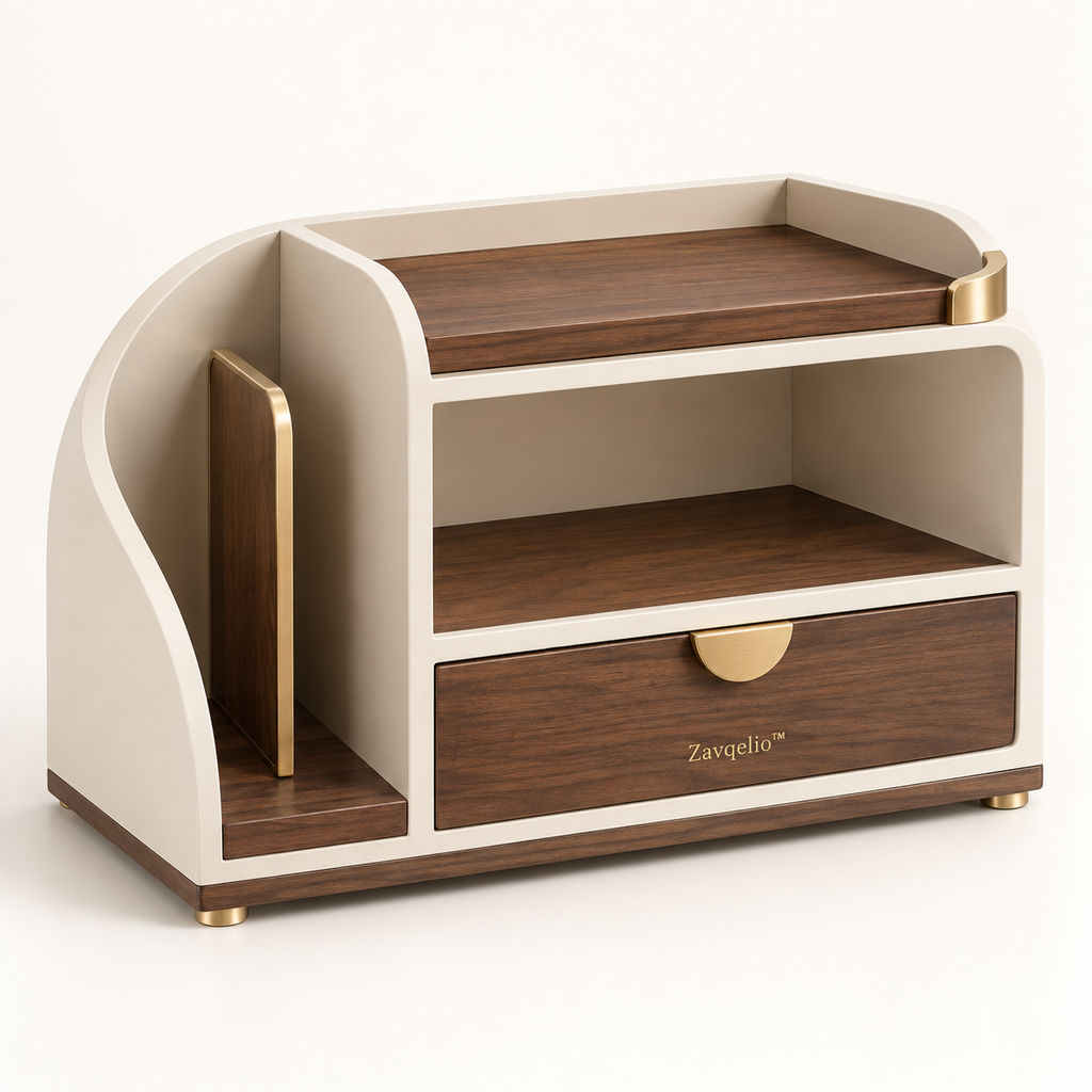 Zavqelio™ ArcNest Desktop Organizer  Modern Walnut & Cream Desktop Storage with Drawer