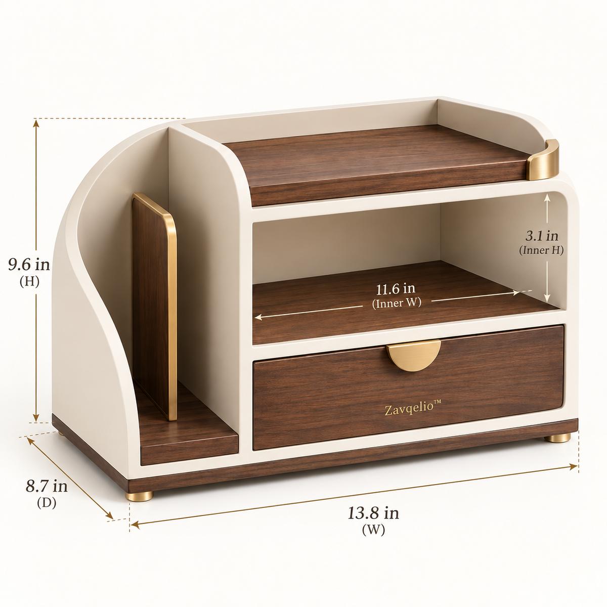 Zavqelio™ ArcNest Desktop Organizer  Modern Walnut & Cream Desktop Storage with Drawer