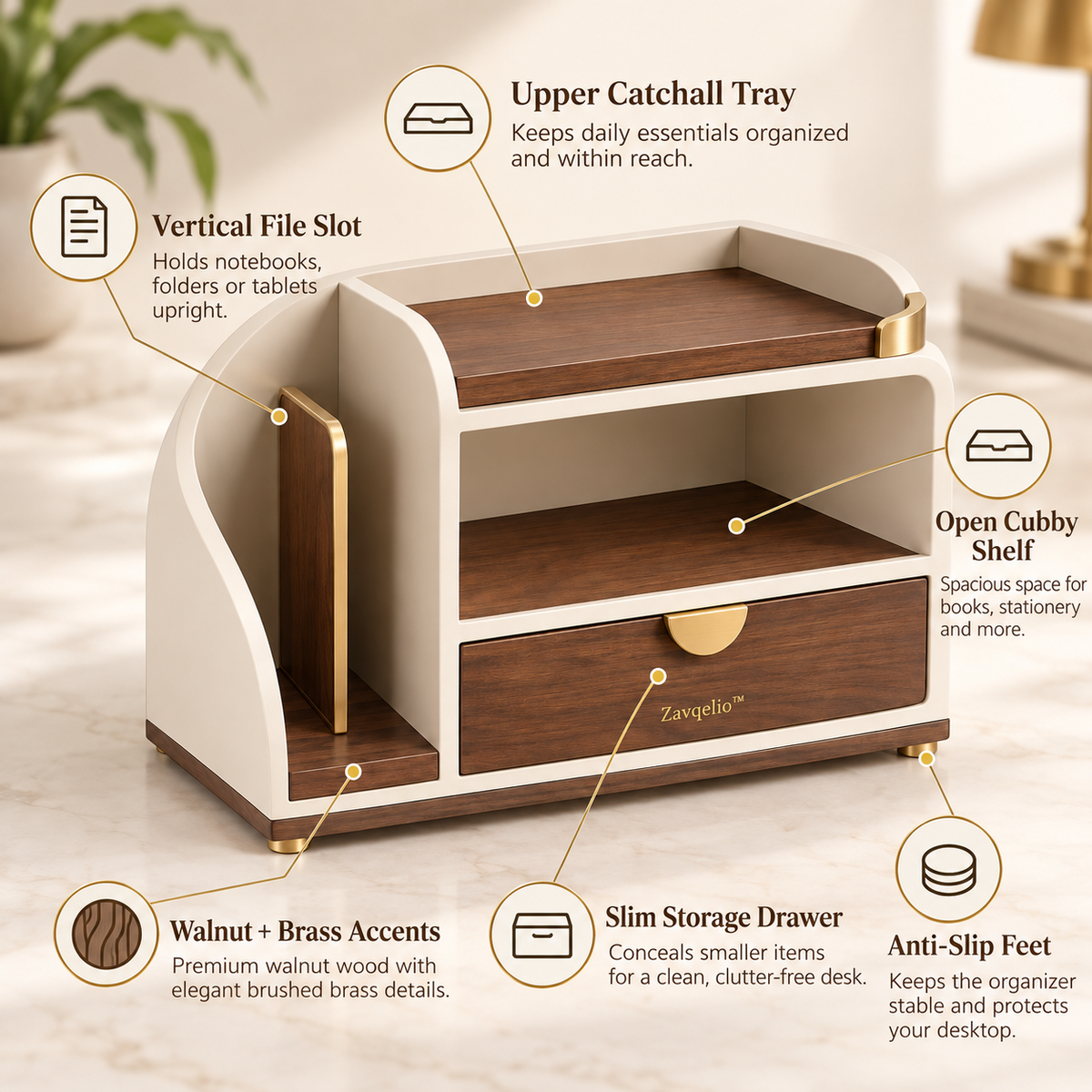 Zavqelio™ ArcNest Desktop Organizer  Modern Walnut & Cream Desktop Storage with Drawer