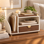 Zavqelio™ ArcNest Desktop Organizer  Modern Walnut & Cream Desktop Storage with Drawer