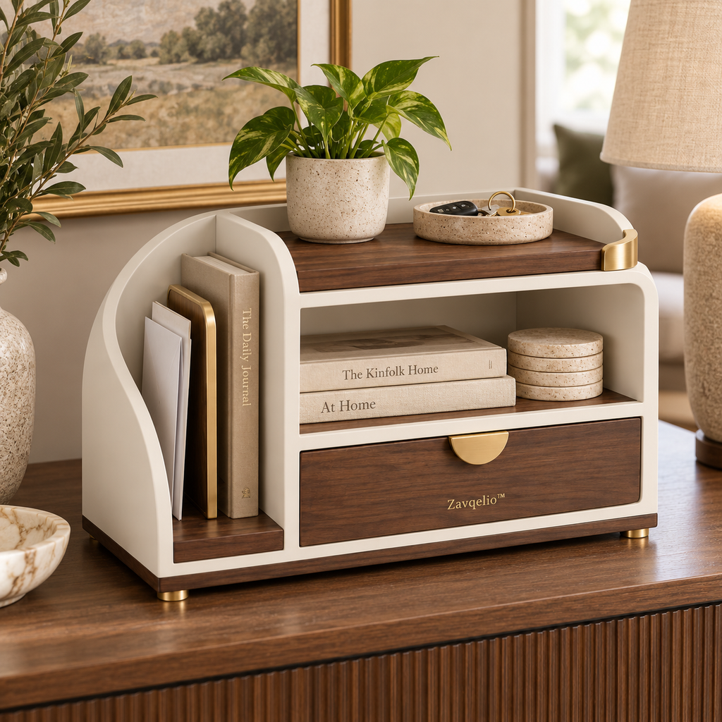 Zavqelio™ ArcNest Desktop Organizer  Modern Walnut & Cream Desktop Storage with Drawer