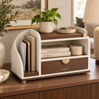 Zavqelio™ ArcNest Desktop Organizer  Modern Walnut & Cream Desktop Storage with Drawer