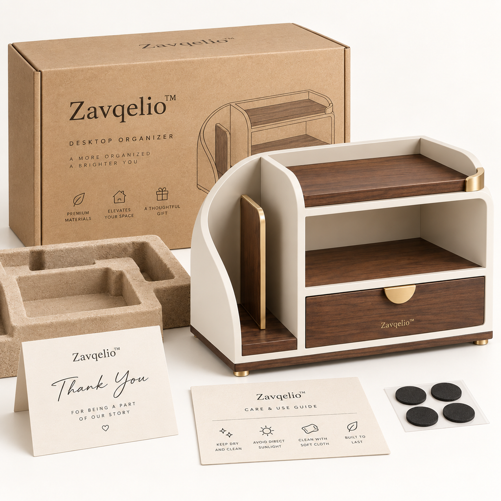 Zavqelio™ ArcNest Desktop Organizer  Modern Walnut & Cream Desktop Storage with Drawer