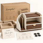 Zavqelio™ ArcNest Desktop Organizer  Modern Walnut & Cream Desktop Storage with Drawer